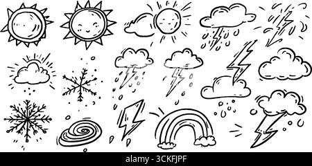 Handgezeichnetes Wetterkritzelset: Sonne, Wolken, Regen, Donner und Regenbogen für kreatives Design. Stock Vektor