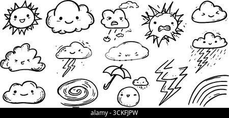 Skurrile Wetterkulisse: Sonne, Wolken, Regen und Blitze für kreatives Design. Stock Vektor