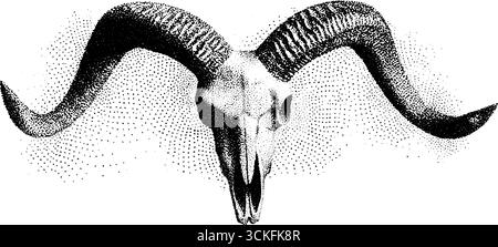 Stipple-Dotwork-Illustration von Ziegenschädel mit gebogenen Hörnern für Tattoo-Design. Stock Vektor