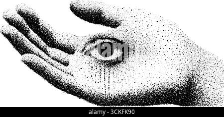 Surreales Stipple Dotwork Hand hält Augen Illustration - Vintage Pointillismus Kunst Design. Stock Vektor