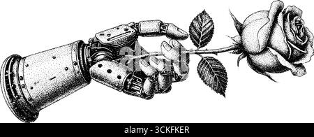 Roboterhand, die eine Rose hält: Stippelnde Dotwork-Illustration mit Vintage-Effekt. Stock Vektor