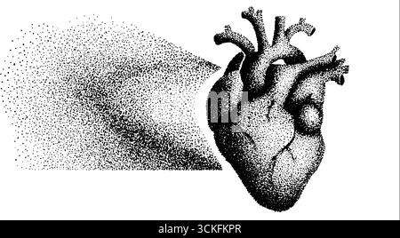 Komplizierte Dotwork-Illustration eines menschlichen Herzens mit stippelnder Wirkung für künstlerisches Design. Stock Vektor