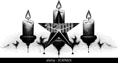 Mystisches Pentagramm mit brennenden Kerzen Stipple Illustration - Vintage-Design für okkulte Themen. Stock Vektor