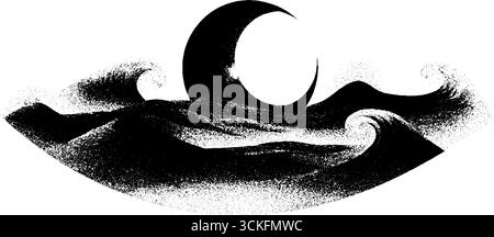 Die Illustration eines winzigen Halbmonds über Meereswellen. Stock Vektor