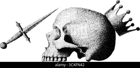 Totenkopf mit Stippelmuster, Krone und Schwert – Inspiration für ein kompliziertes Tattoo-Design. Stock Vektor