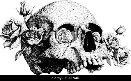 Stipple Dotwork Schädel und Rose Illustration für Tattoo und Design. Stock Vektor