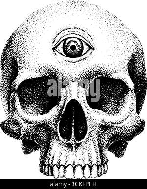 Komplizierter Stipple-Dotwork-Schädel mit Illustration des dritten Auges - Vintage-Tattoo-Art-Design. Stock Vektor