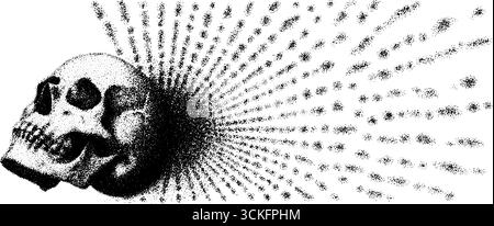 Stipple-Dotwork-Illustration strahlender Schädellinien für die Tätowierung. Stock Vektor