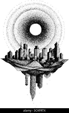 Futuristisches Stadtbild mit surrealem Dotwork und stippierender Kunst im vertikalen Design. Stock Vektor