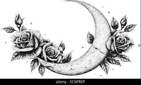 Dekorativer Halbmond mit Rosen im Stieldesign für Tätowierung. Stock Vektor