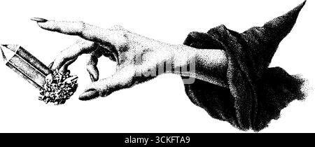 Mystische Hexenhand mit Kristall-, Stipple- und Punktdesign. Stock Vektor