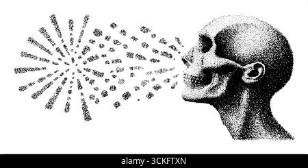 Stufeldotwork-Illustration eines Schädels mit strahlenden Linien zur künstlerischen Gestaltung. Stock Vektor