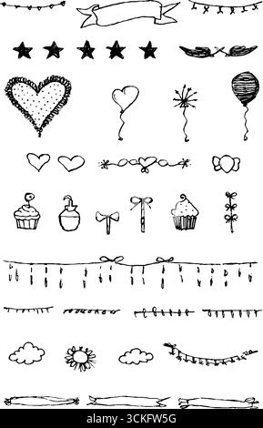 Skurrile handgezeichnete Kritzeleien aus Sternen, Herzen, Ballons und Cupcakes für kreative Designprojekte. Stock Vektor