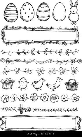 Handgezeichnete dekorative ostereier und Häschen mit Blumenelementen für Frühlingsmotive. Stock Vektor