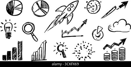 Handgezeichnete dekorative Liniendiagramme und Business-Ikonen für Präsentationen. Stock Vektor