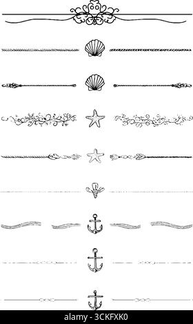Set aus dekorativen nautischen Bändern mit Ankern und Muscheln für Designprojekte. Stock Vektor