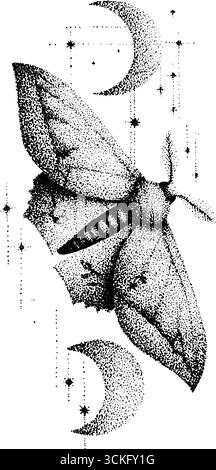 Komplizierte Stipple mit Punktmuster und himmlischen Elementen für Tattoo-Design. Stock Vektor