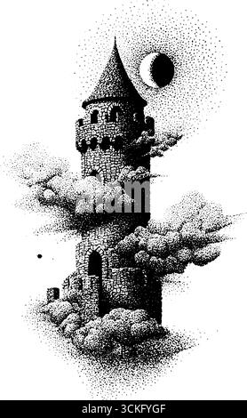 Mystischer mittelalterlicher Turm mit Mondsichel und Wolken im Stile-Dotwork-Stil. Stock Vektor