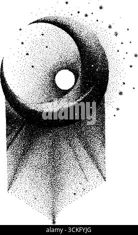 Illustration eines Mondsichels mit Sternen – Design für Druck oder Tätowierung. Stock Vektor