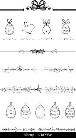 Handgezeichnete dekorative ostereier- und Bänder-Design-Kollektion für Karten und Poster. Stock Vektor