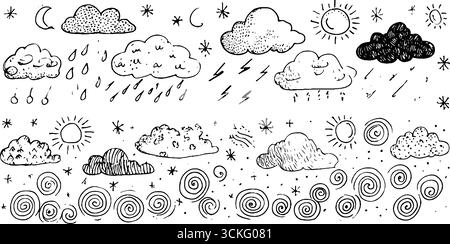 Handgezeichnetes dekoratives Set aus Regenwolken und Wetterkritzeleien für kreatives Design. Stock Vektor