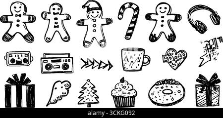 Festliche Sammlung von handgezeichneten Lebkuchenmännern und Weihnachtssymbolen für kreatives Design. Stock Vektor