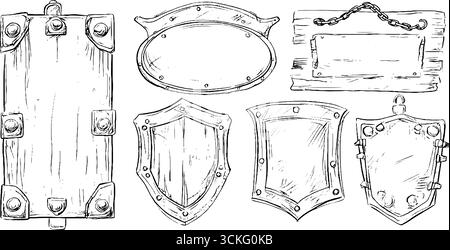 Handgezeichnete dekorative rechteckige, genietete Rahmen und Schilde für Designprojekte. Stock Vektor