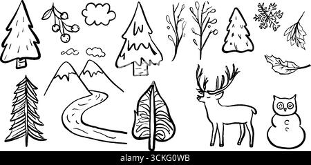 Winterliche Waldelemente mit schneebedeckten Bäumen und Wildtieren für saisonales Design. Stock Vektor