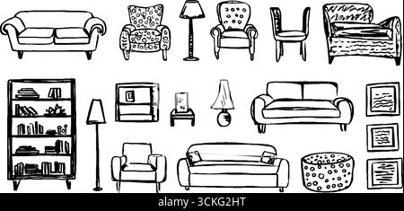 Kollektion handgezeichneter dekorativer Sofas und Möbelelemente für die Innenarchitektur. Stock Vektor
