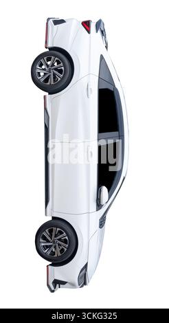 Die rechte Seitenansicht der weißen Sportlimousine in der Vertikalen ist mit dem Beschneidungspfad im PNG-Dateiformat isoliert. Stockfoto