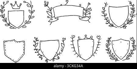 Handgezeichnete heraldische Schilde und Borten für dekoratives Design. Stock Vektor