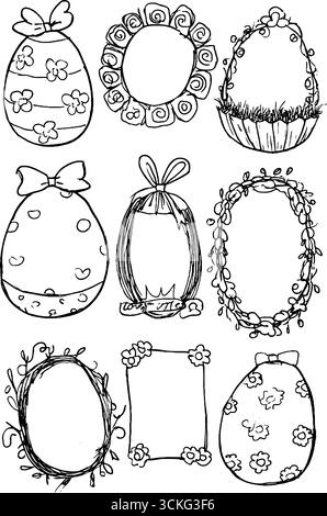 Handgezeichnetes dekoratives ostereier- und Häschendesign für Feiern und Bastelprojekte. Stock Vektor