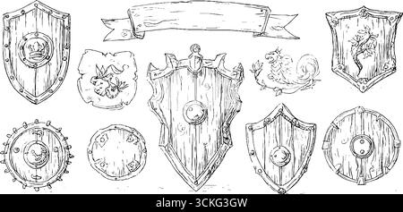 Set aus handgezeichnetem dekorativem Drachen und runden Schilden für Design und Dekoration. Stock Vektor