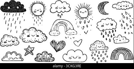 Skurrile, handgezeichnete Wolken und Regenbögen kritzeln für kreative Designs. Stock Vektor