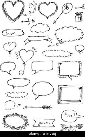 Handgezeichnete dekorative Herz- und Sprechblasenkritzeleien für Designprojekte. Stock Vektor