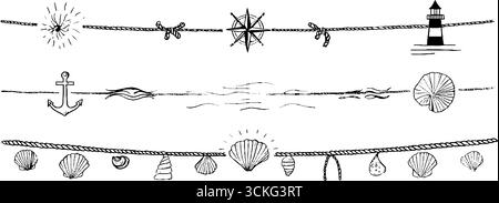 Handgezeichnete dekorative Banner mit Seilen und Meereselementen im nautischen Stil. Stock Vektor