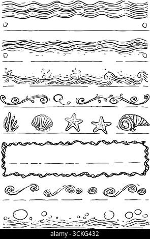 Handgezeichnete dekorative Wellen- und Muschelkollektion für Design- und Bastelprojekte. Stock Vektor