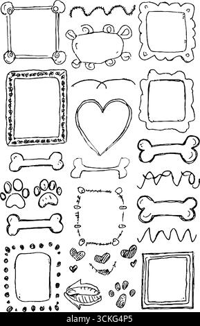 Dekorative, handgezeichnete Rahmen mit Pfotenmuster und Knochen für ein Tiermotiv. Stock Vektor