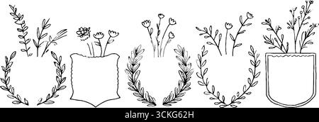 Handgezeichnete heraldische Schilde mit Blumenrand für dekoratives Design und Kunsthandwerk. Stock Vektor