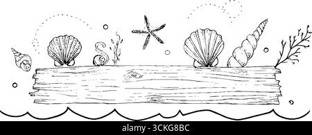 Treibholzplanke mit Muscheln und handgezeichnetem Seesternen-Doodle für die Einrichtung und das Design der Küste. Stock Vektor