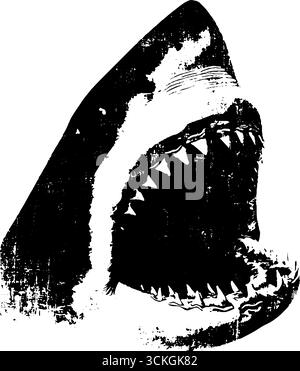 Grunge Schwarz-weiß Haikopf Illustration - Ozean Raubtier Kunstwerk für Poster. Stock Vektor