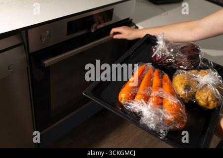 Frisches Gemüse wird zum Backen im Ofen zubereitet. Eine Person hält ein Tablett mit Karotten, Kartoffeln und Auberginen in der Küche und demonstriert eine nahrhafte Kochmethode zu Hause. Stockfoto