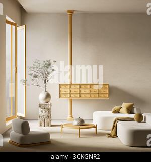 Stilvolles, modernes Wohnzimmer mit minimalistischem Dekor, gemütlichen Möbeln und natürlichen Details für ein helles und elegantes Wohndesign. 3D-Illustration Stockfoto