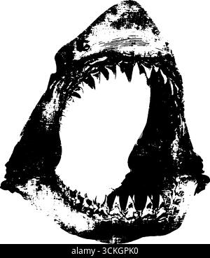 Grunge schwarz-weiße Haifischkiefer-Illustration für nautische Dekor und Tattoo-Design. Stock Vektor