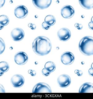 Nahtloses Muster aus feinen Luftblasen schweben in einem ruhigen Wassertanz, in einem sanften blauen monochromen Aquarell. Für vom Ozean inspirierte Projekte. Hand Stockfoto