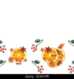 Orangenscheiben mit Zimtstäbchen, Anissternen, Nelken, stechpalmenblätter, rote Beeren Aquarellrand auf weiß. Perfekt für festliche Einladungen Stockfoto