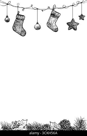 Vintage-Weihnachtsskizze mit Strümpfen und Tannenzapfen zur weihnachtsdekoration. Stock Vektor