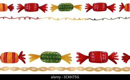 Niedlicher nahtloser Rand mit bunten Süßigkeiten in Rot, Grün und Orange sowie einer goldenen Schneeflockenkette. Perfekt für Weihnachtskarten, Geschenkpapier oder Kinder Stockfoto