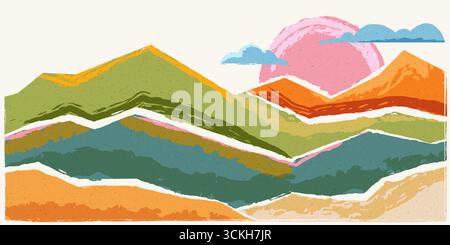 Aquarellfarbe Herbst horizontaler Hintergrund mit Berggipfel. Vektor Hand gezeichnete bunte Landschaftsillustration. Design für Reiseplakat, Natur Backg Stock Vektor