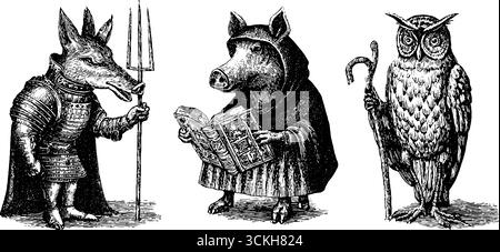 Mittelalterliche Tierillustrationen mit Ritterwölfen, Gelehrten Eulen und Weisen. Stock Vektor